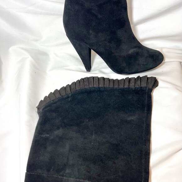 Hot In Hollywood-Black Leather Over Knee 4" Heels-Cheetah Print Inside-Ruffle-6M - Picture 10 of 16